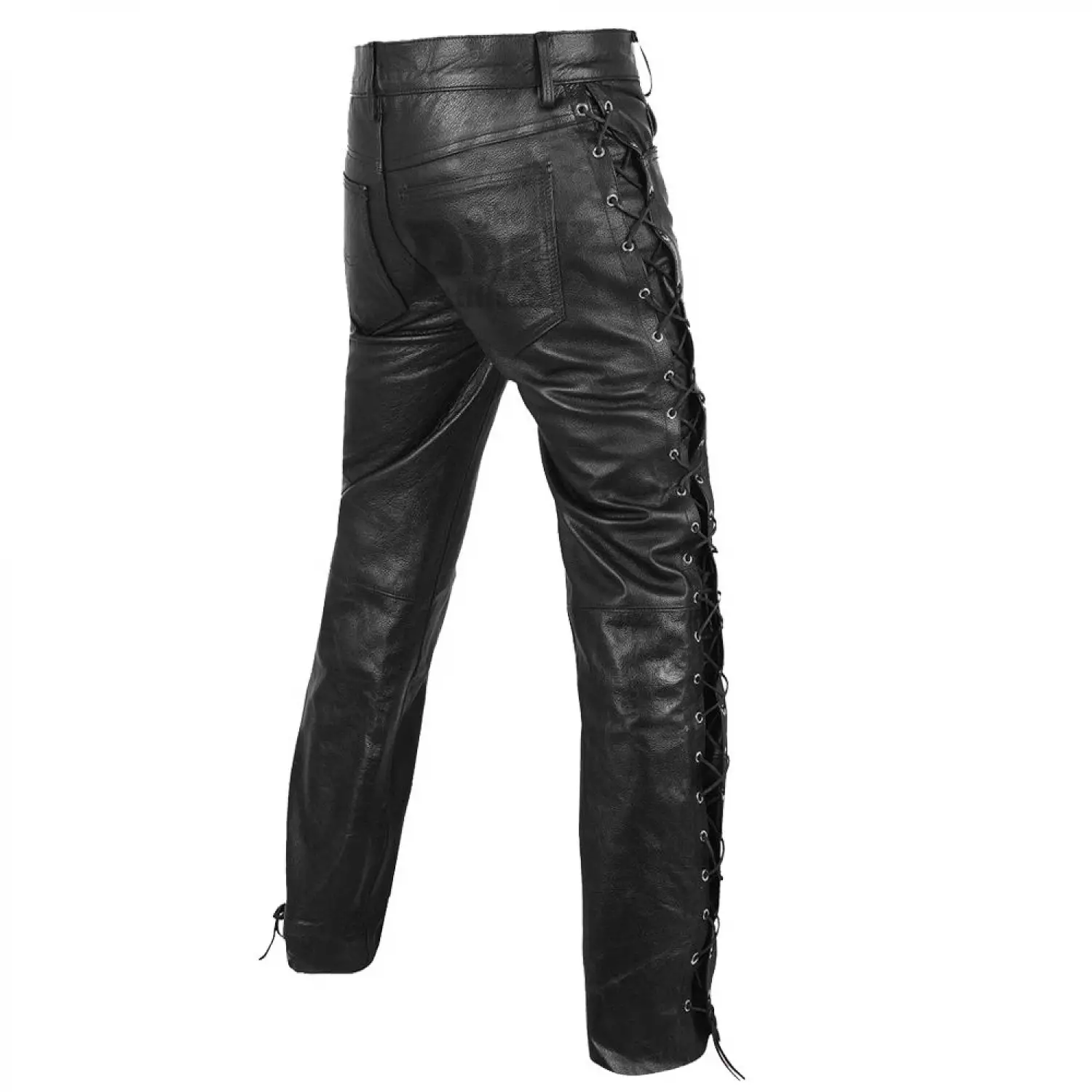 Men's real black leather biker pants with side lacing detail.