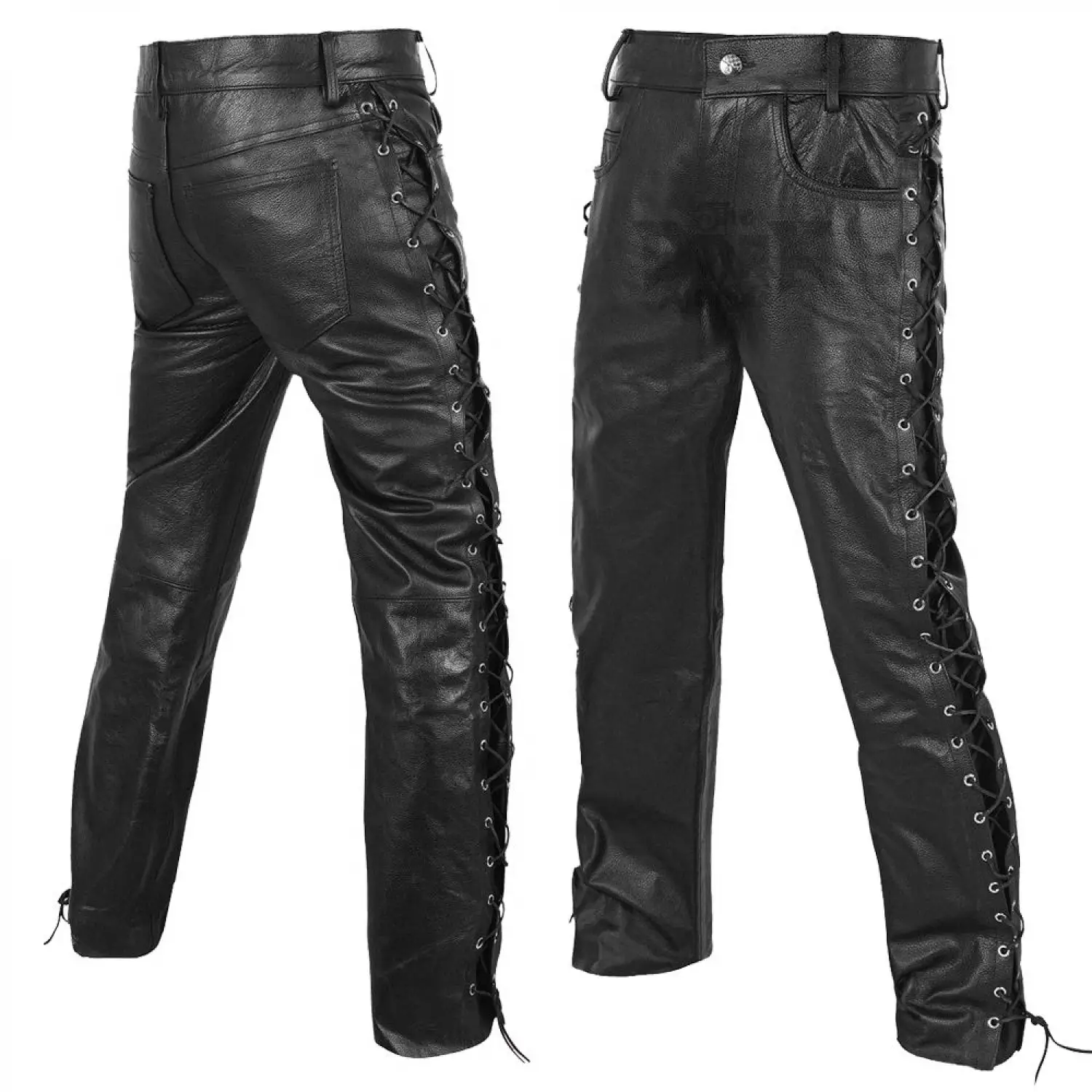 Men's real black leather biker pants with side lacing detail.