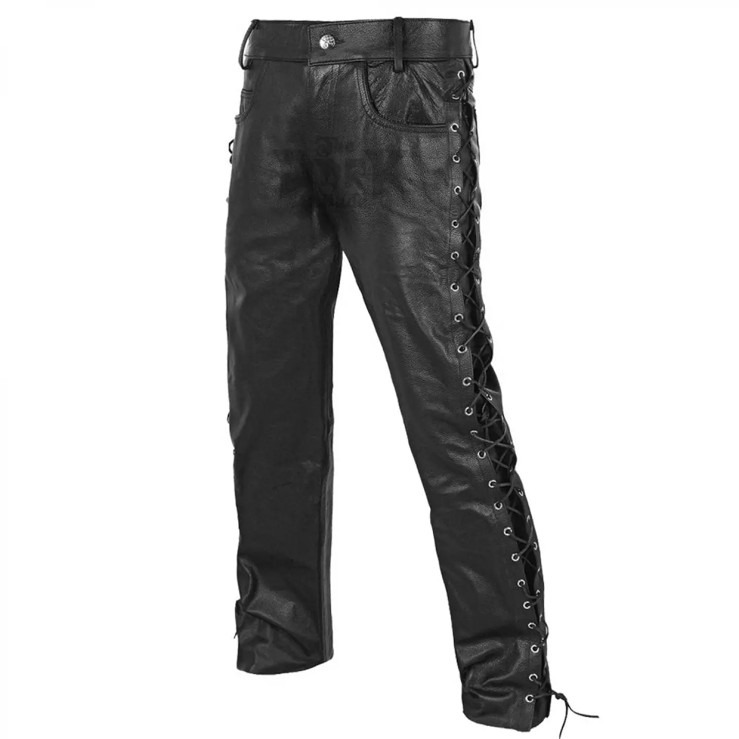 Men's real black leather biker pants with side lacing detail.