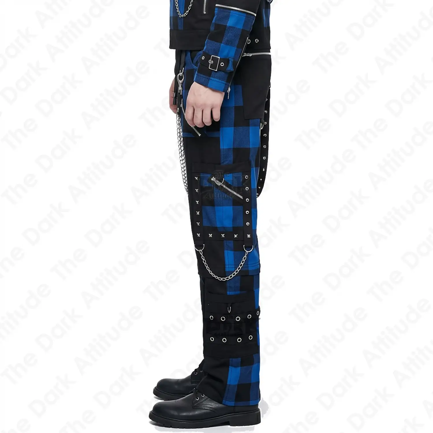 Blue plaid gothic punk Cargo Pants with chains and D-rings.