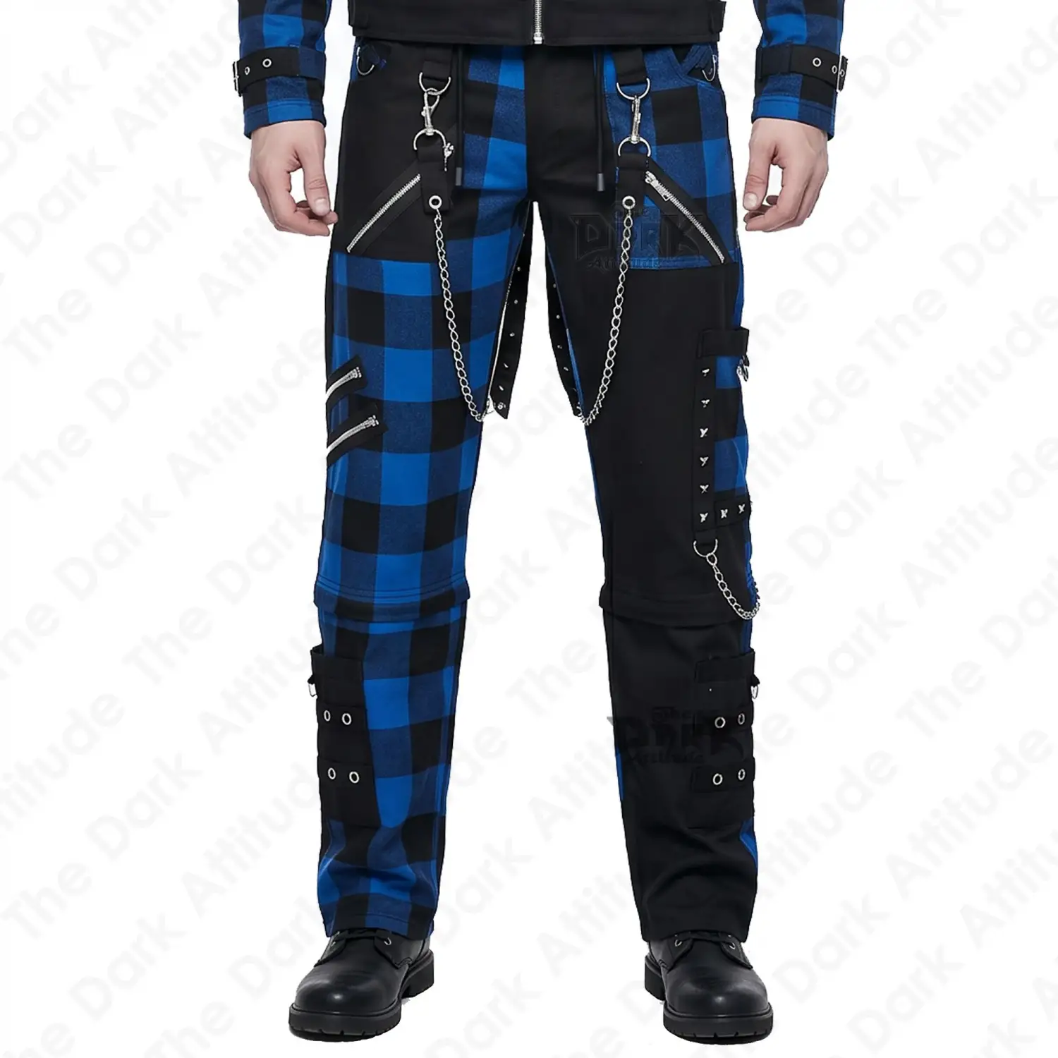 Blue plaid gothic punk Cargo Pants with chains and D-rings.
