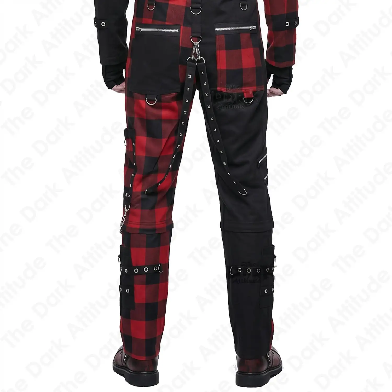 Red checked Gothic Punk Pants with chain and straps