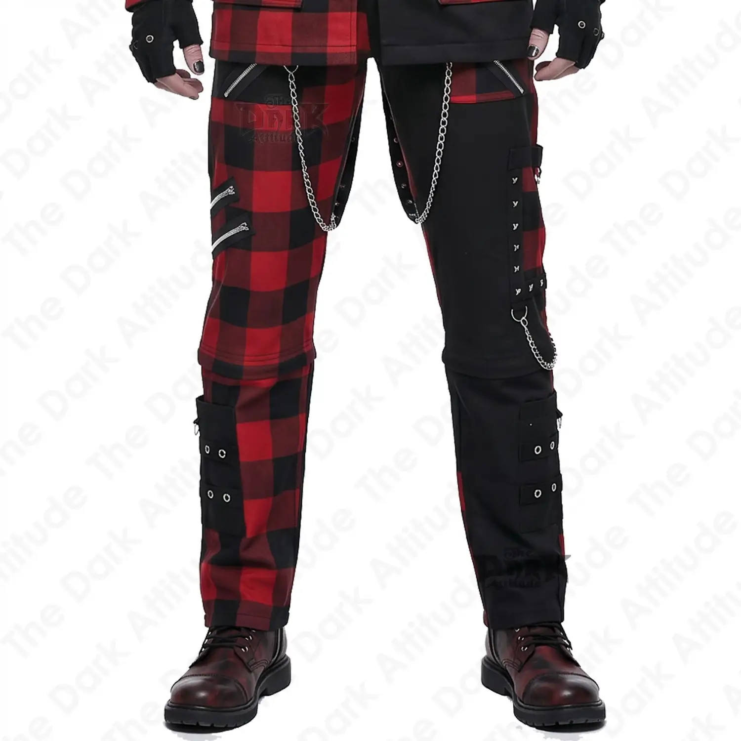 Red checked Gothic Punk Pants with chain and straps