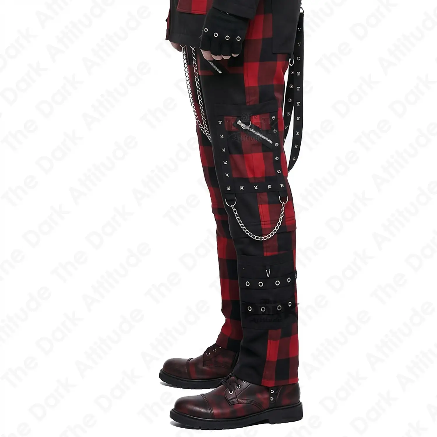 Red checked Gothic Punk Pants with chain and straps