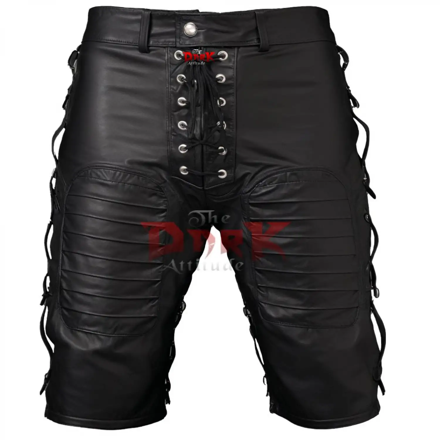 Men's black faux leather shorts with intricate lace-up front and side details