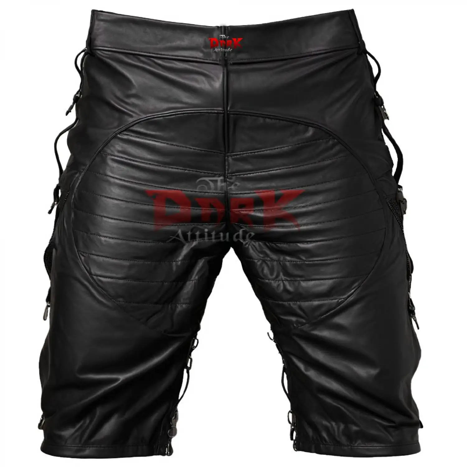 Men's black faux leather shorts with intricate lace-up front and side details