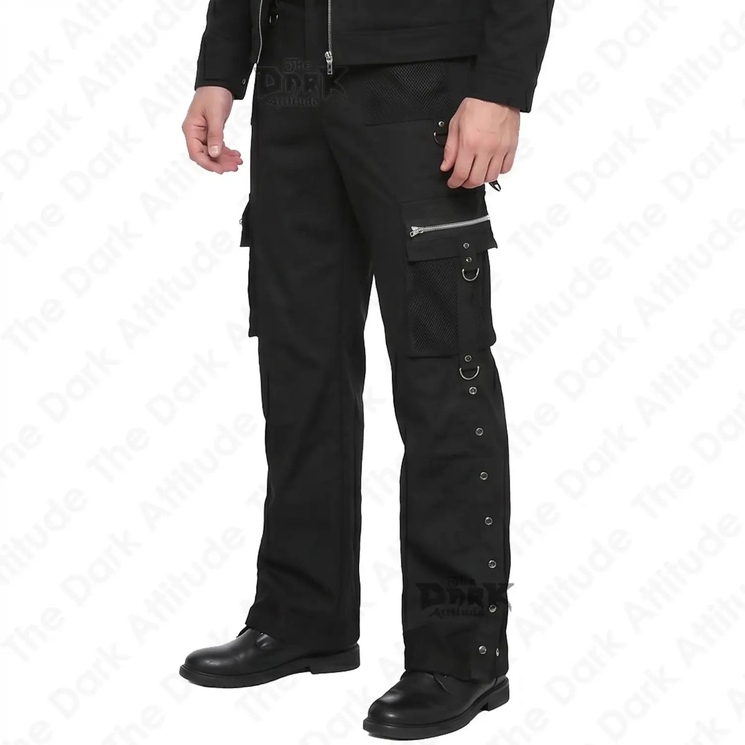 Black goth cargo pants with side snap placket and D-rings