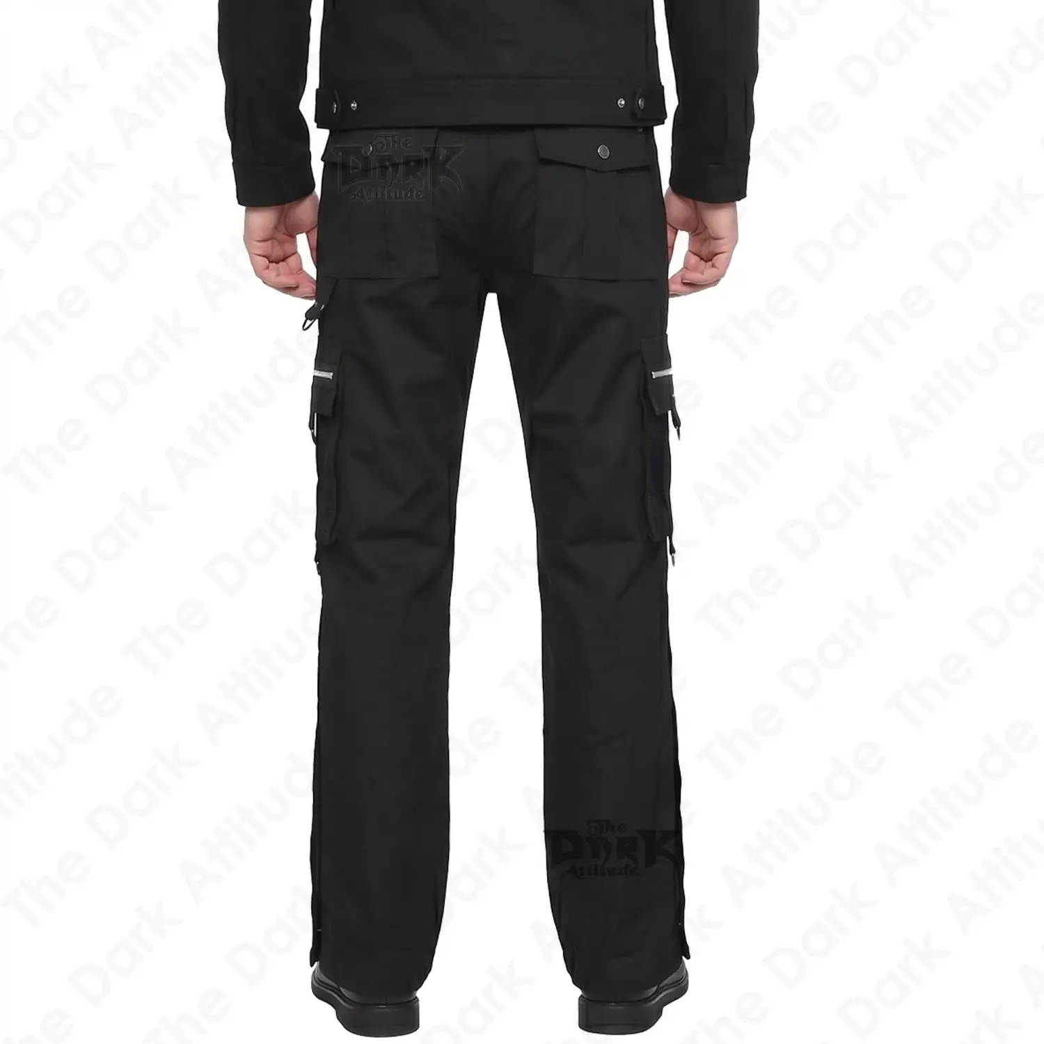 Black goth cargo pants with side snap placket and D-rings