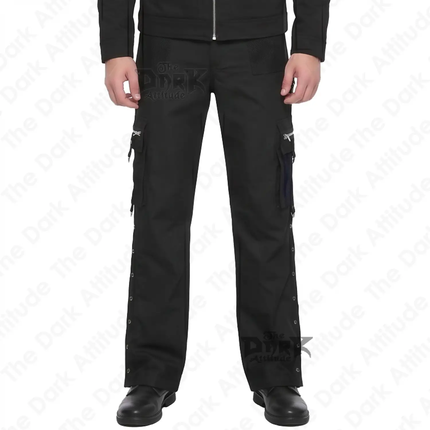 Black goth cargo pants with side snap placket and D-rings