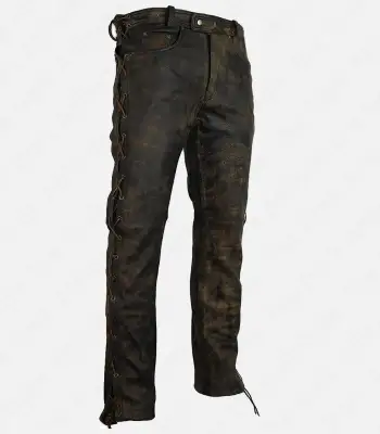 Distressed Leather Laced Up Biker Pant