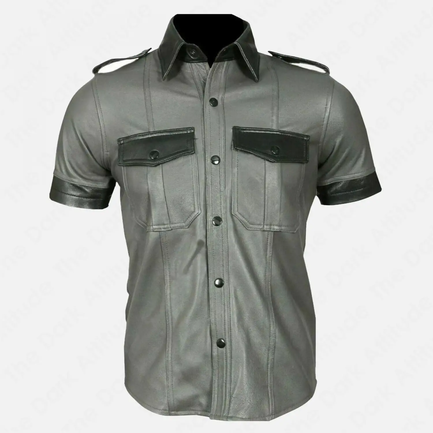 Olive Green Leather Police Shirt  Olive green leather police shirt with short sleeves, snap buttons, and officer epaulets for a bold fetish look.
