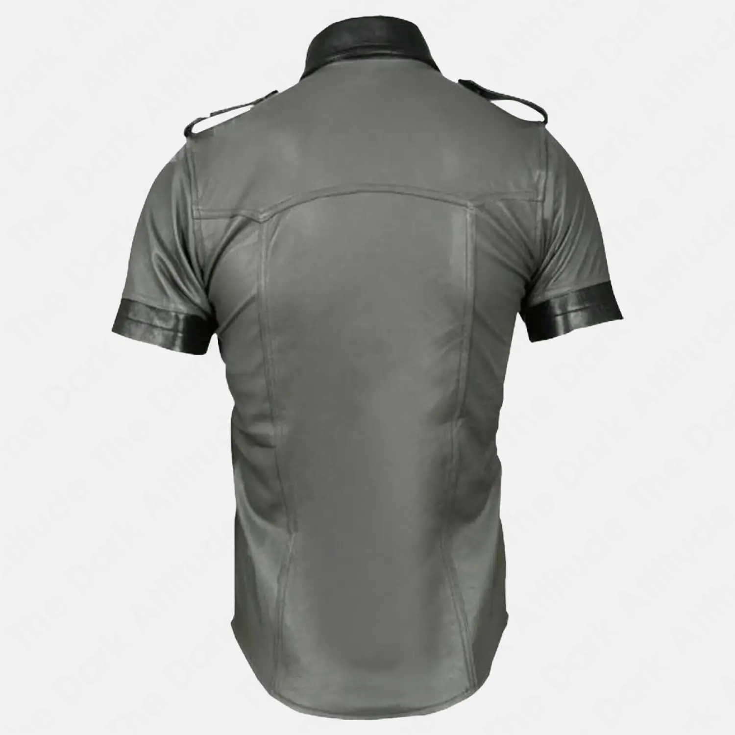 Olive Green Leather Police Shirt  Olive green leather police shirt with short sleeves, snap buttons, and officer epaulets for a bold fetish look.