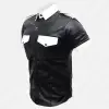 Black Leather Police Officer Shirt Black leather police officer shirt with short sleeves, snap buttons, and epaulets for a bold, commanding look.