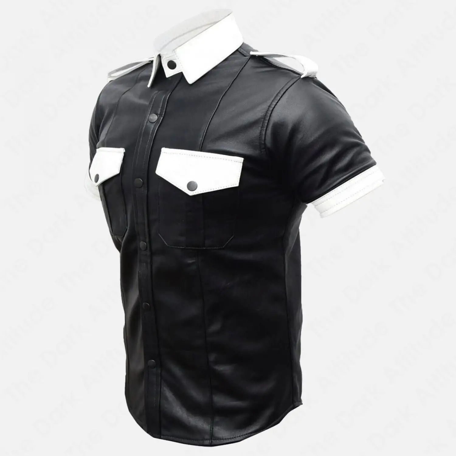 Black Leather Police Officer Shirt Black leather police officer shirt with short sleeves, snap buttons, and epaulets for a bold, commanding look.