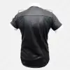 Black Leather Police Officer Shirt Black leather police officer shirt with short sleeves, snap buttons, and epaulets for a bold, commanding look.