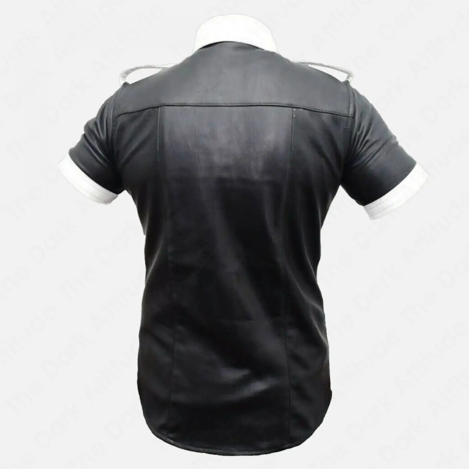 Black Leather Police Officer Shirt Black leather police officer shirt with short sleeves, snap buttons, and epaulets for a bold, commanding look.