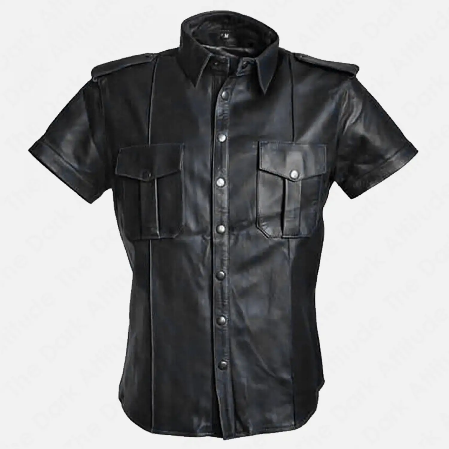 Gay Police Leather Bouncer Shirt Gay police leather shirt in blue and black with bold bouncer-inspired design and snap-button closure.