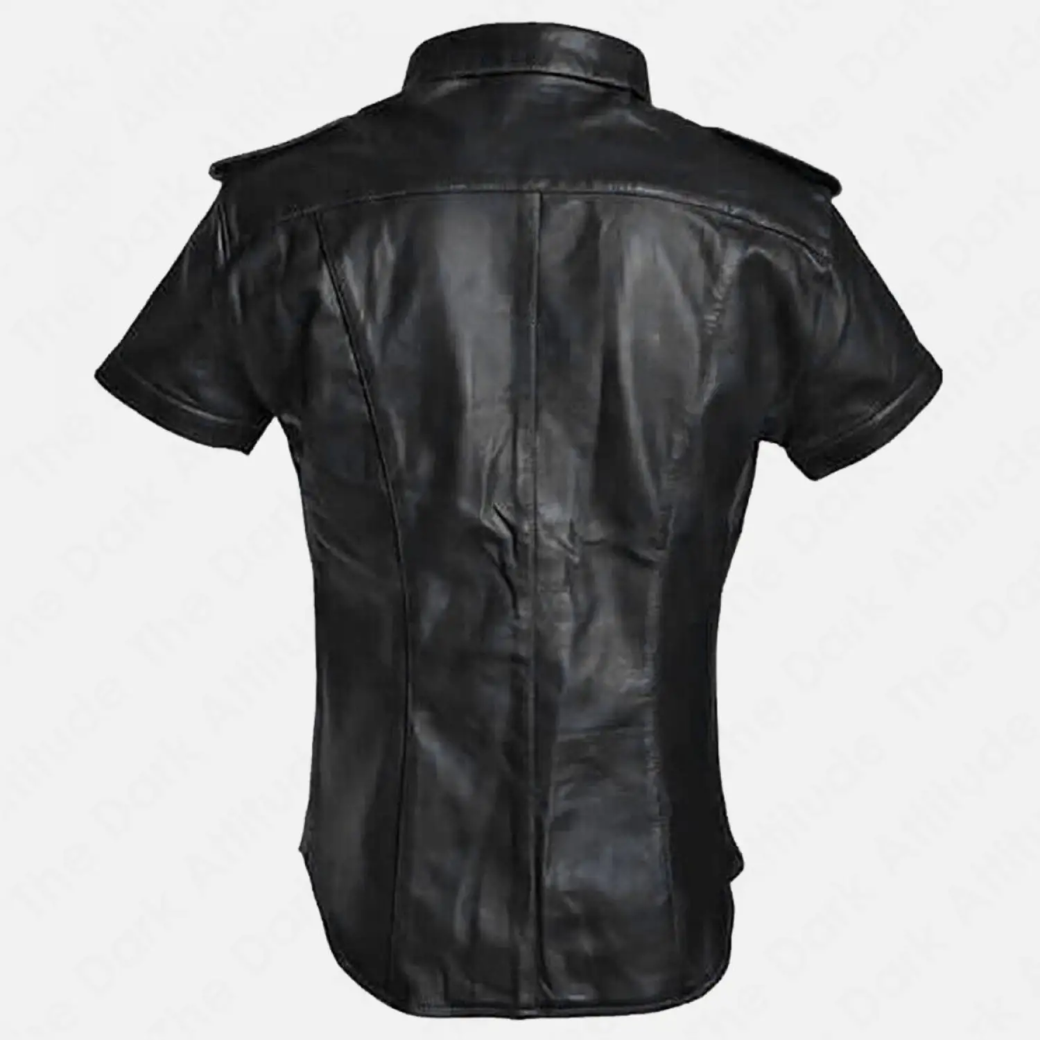 Gay Police Leather Bouncer Shirt Gay police leather shirt in blue and black with bold bouncer-inspired design and snap-button closure.