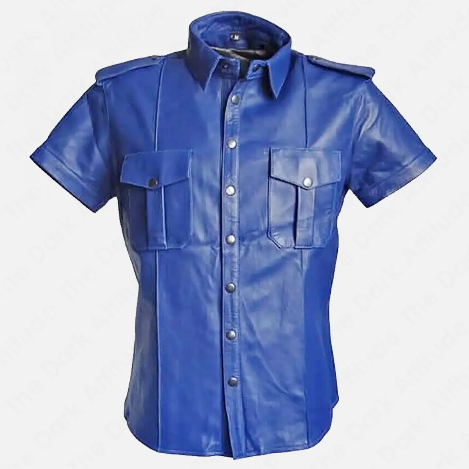 Gay Police Leather Bouncer Shirt Gay police leather shirt in blue and black with bold bouncer-inspired design and snap-button closure.