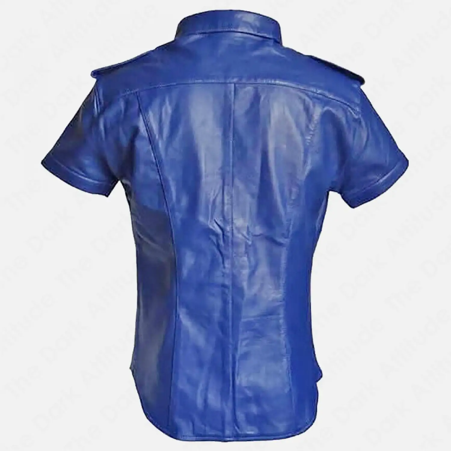 Gay Police Leather Bouncer Shirt Gay police leather shirt in blue and black with bold bouncer-inspired design and snap-button closure.
