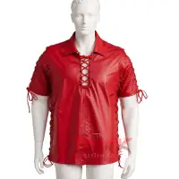 Men's Red Lace-Up Rocker Faux Leather Shirt 