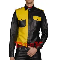 Men's Two-Tone Yellow and Black Leather Shirt with Epaulets