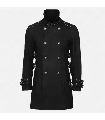 Gothic Black Military Officers Trench Coat | Double Breast Wool Coat