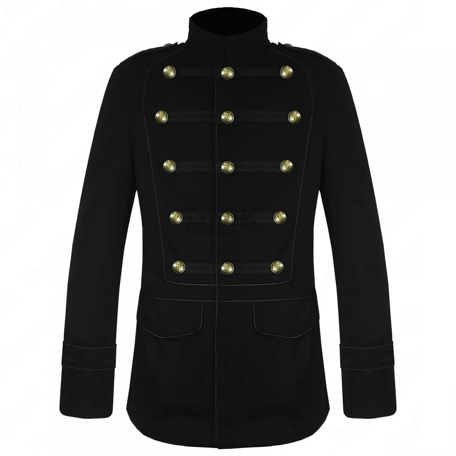 Men's black military drummer jacket with double breasted buttons and high collar