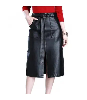 High Waist Buckle Belted Black Leather Skirt