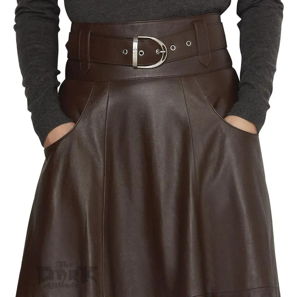 Dark Brown Calf Length Genuine Leather Executive Skirt Women's