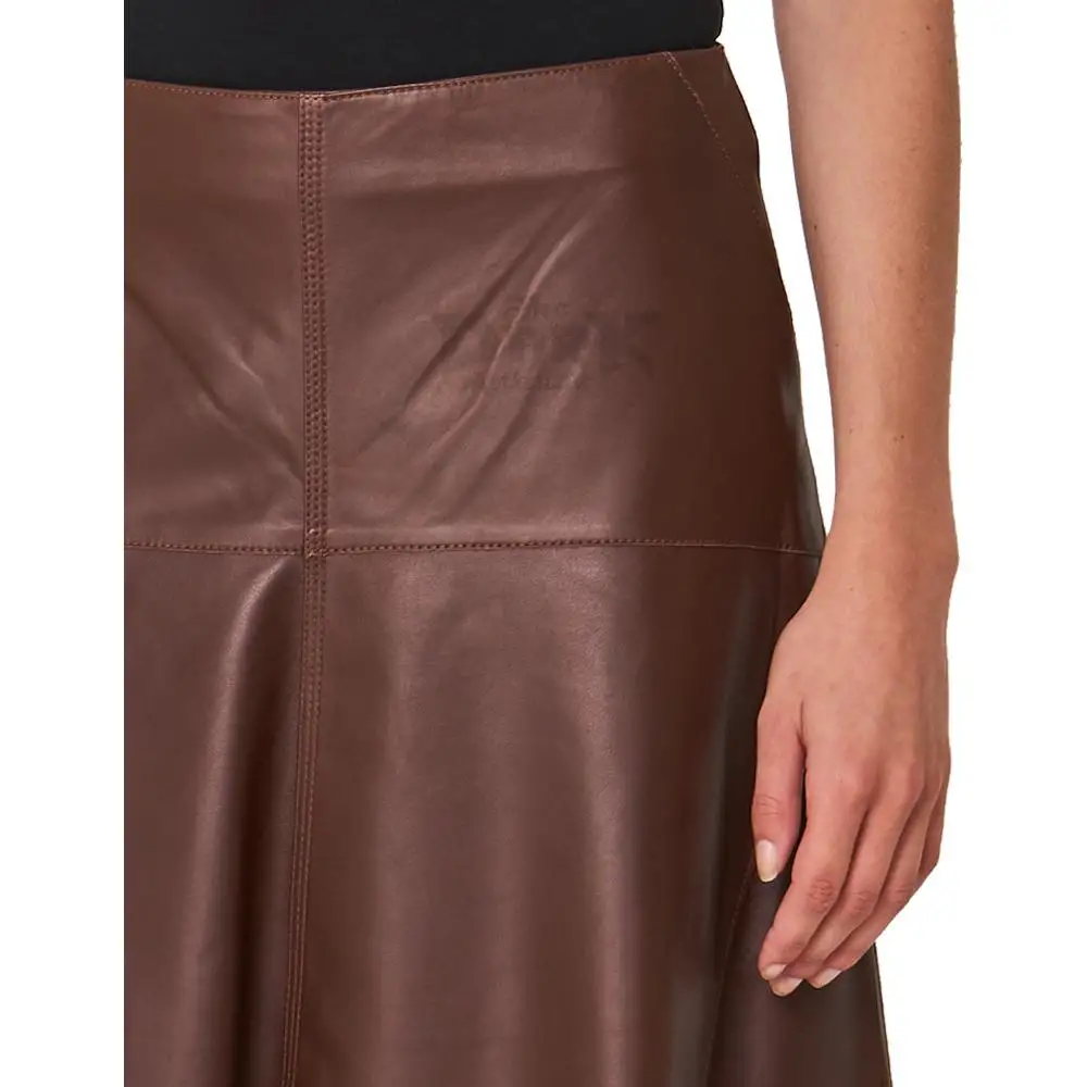 Women Dark Brown Knee Length Real Leather Skirt