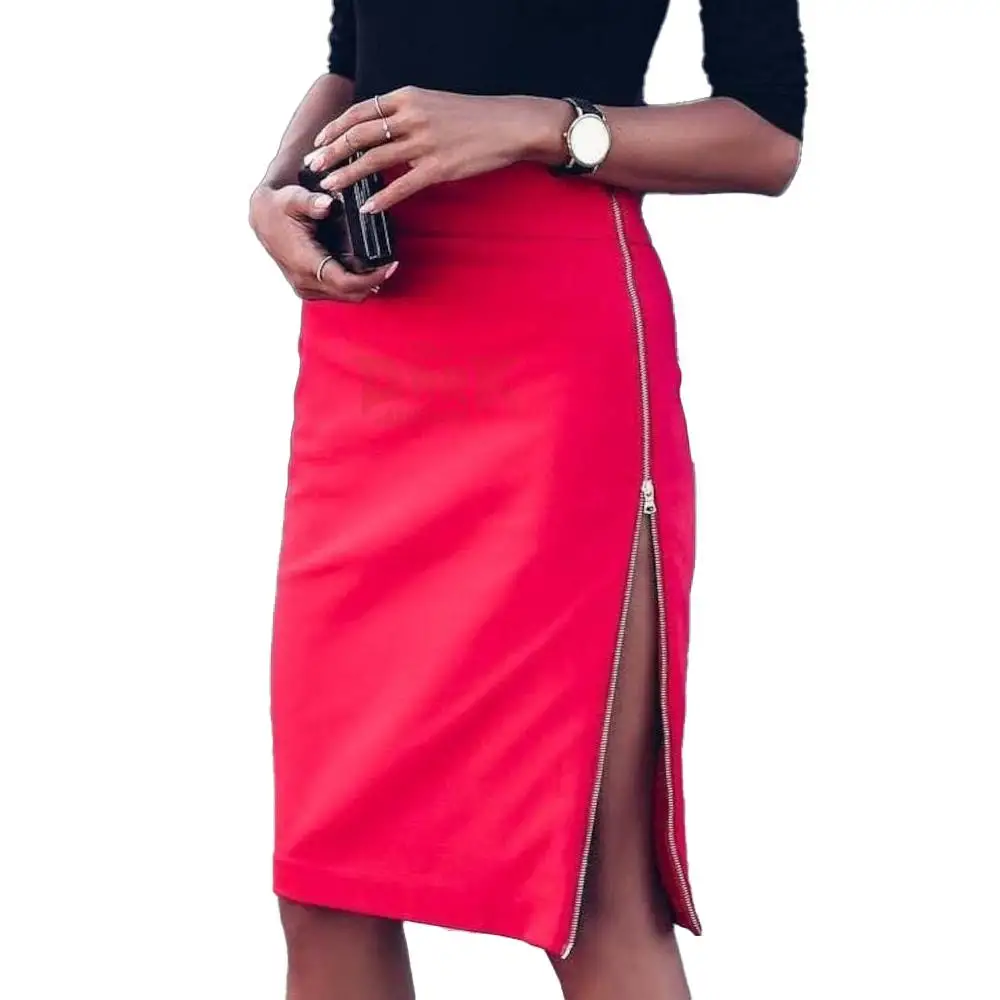 Red Genuine Leather Knee Length Party Pencil Skirt