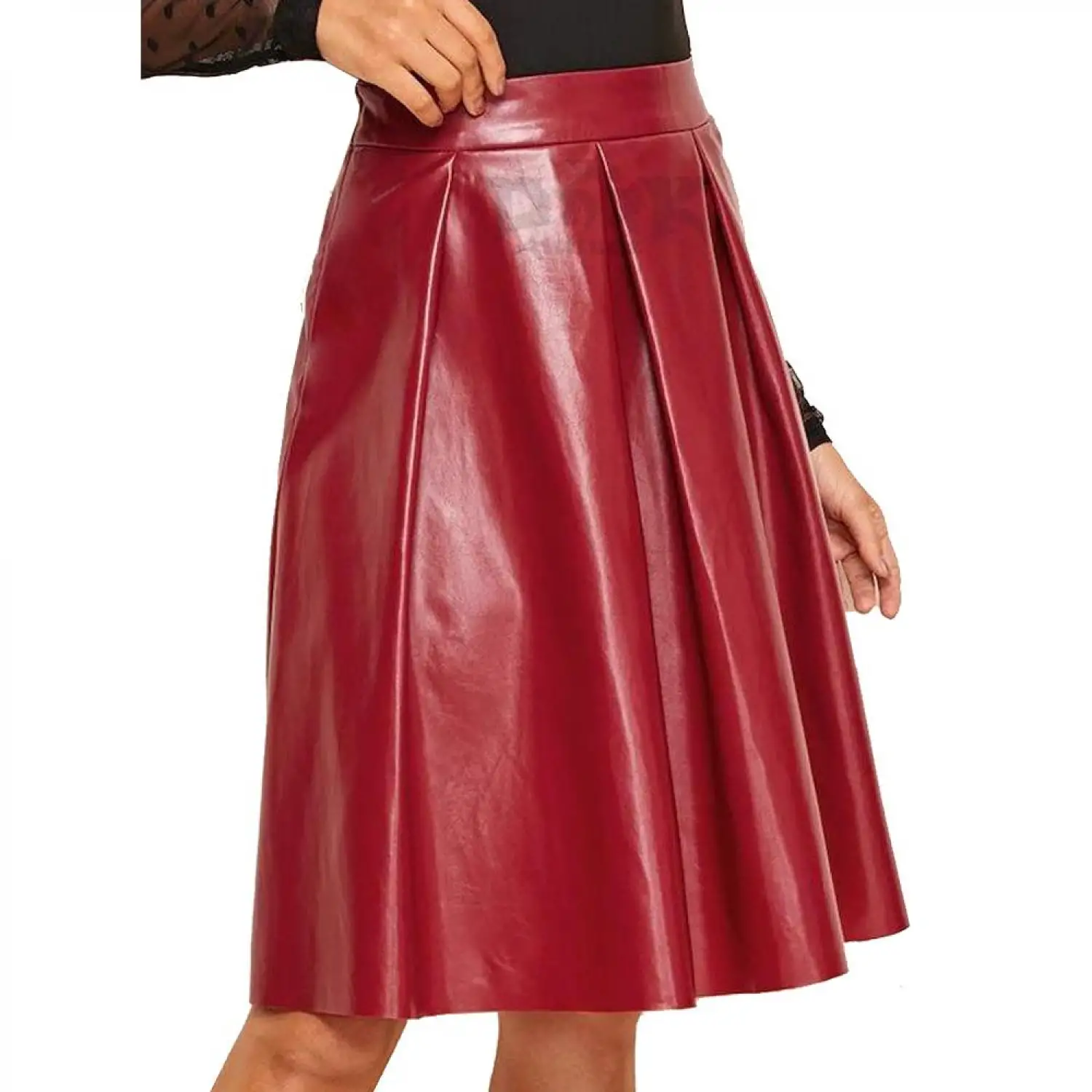 Red Kilt Style Leather Skirt | Above Calf Women Genuine Leather Skirt