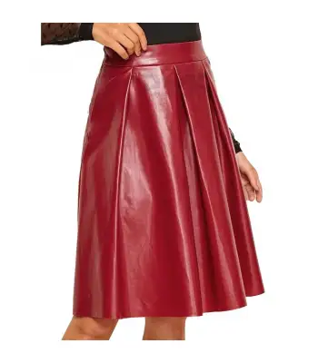 Women Red Kilt Style Leather Skirt