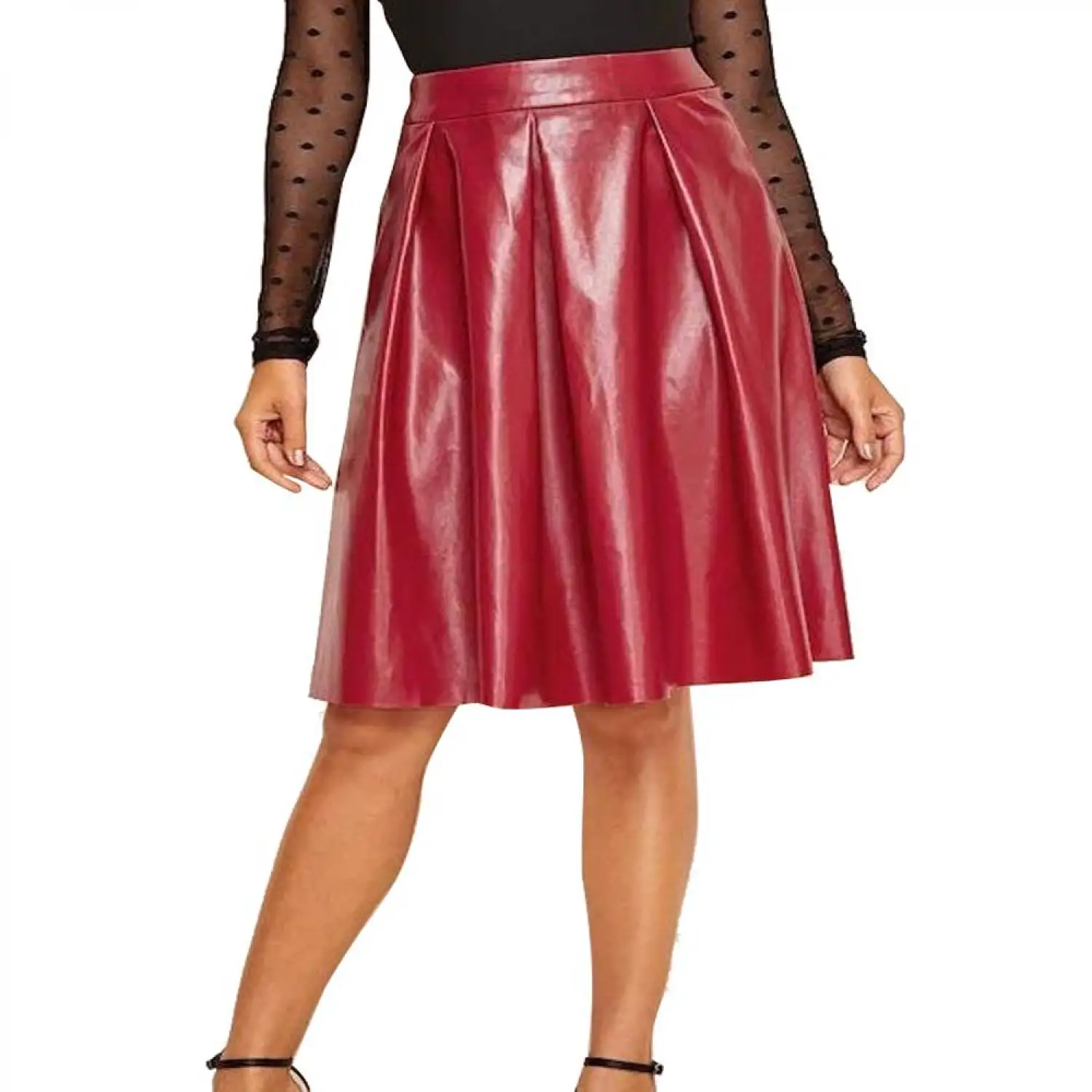 Red Kilt Style Leather Skirt | Above Calf Women Genuine Leather Skirt