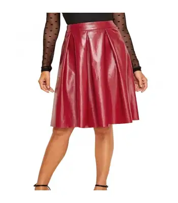 Women Red Kilt Style Leather Skirt