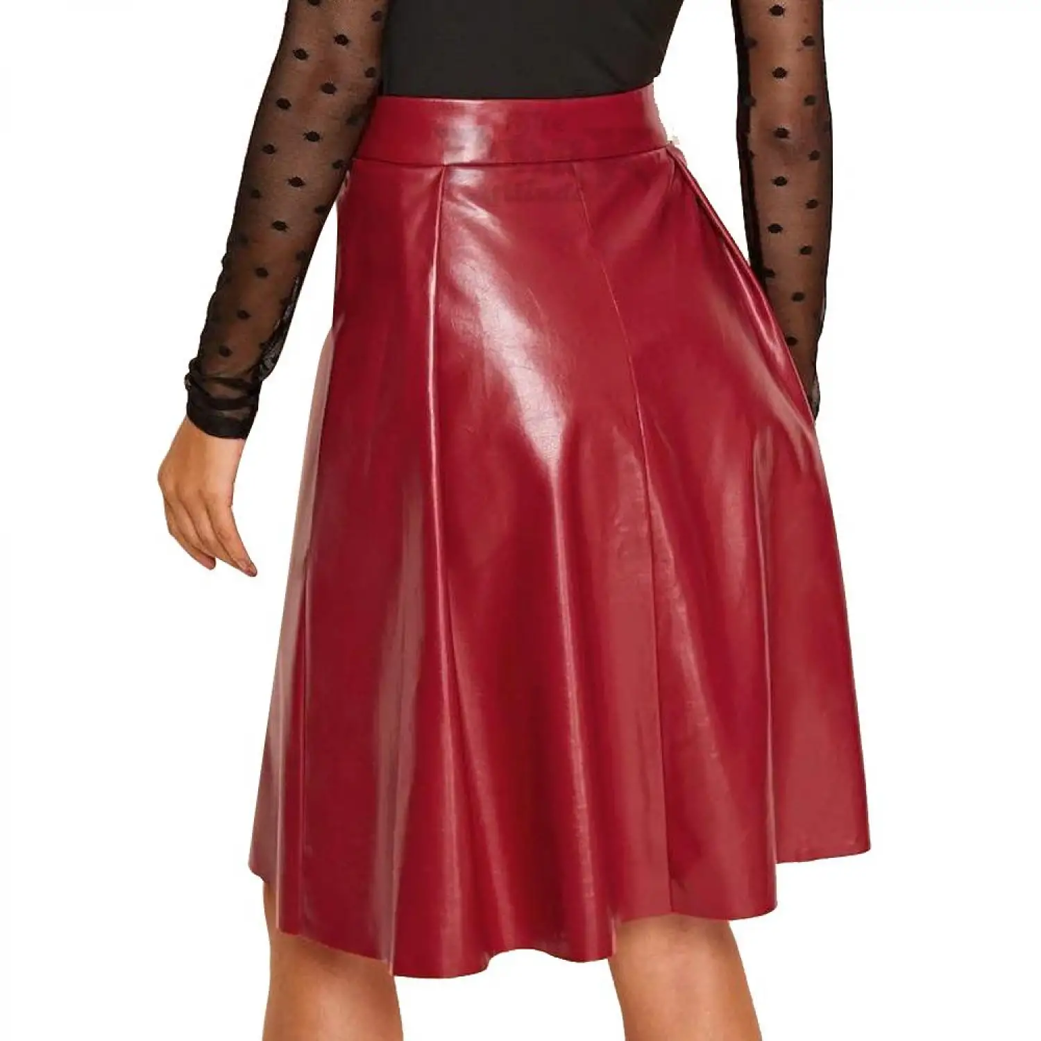 Red Kilt Style Leather Skirt | Above Calf Women Genuine Leather Skirt