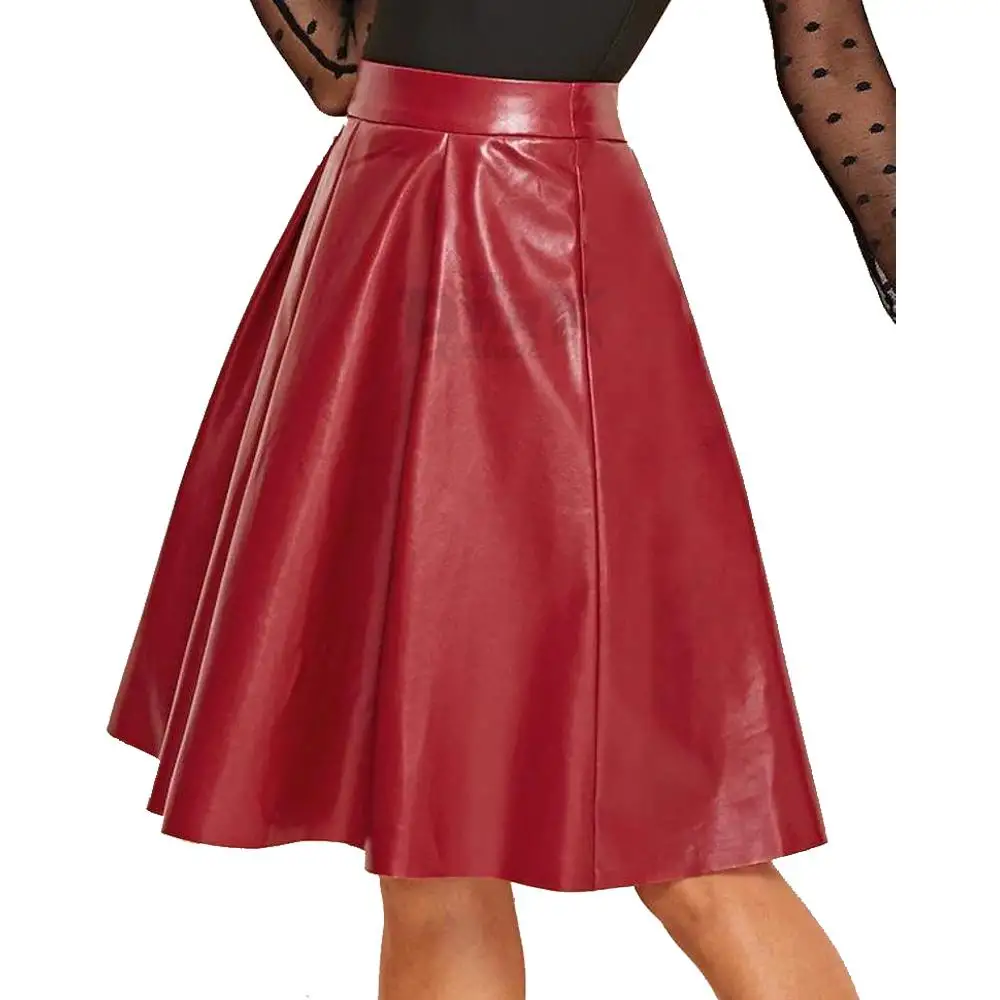 Red Kilt Style Leather Skirt | Above Calf Women Genuine Leather Skirt
