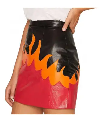 Punk Rock Red Fire Flame Black Genuine Leather Mini Skirt