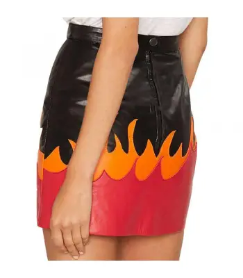 Punk Rock Red Fire Flame Black Genuine Leather Mini Skirt