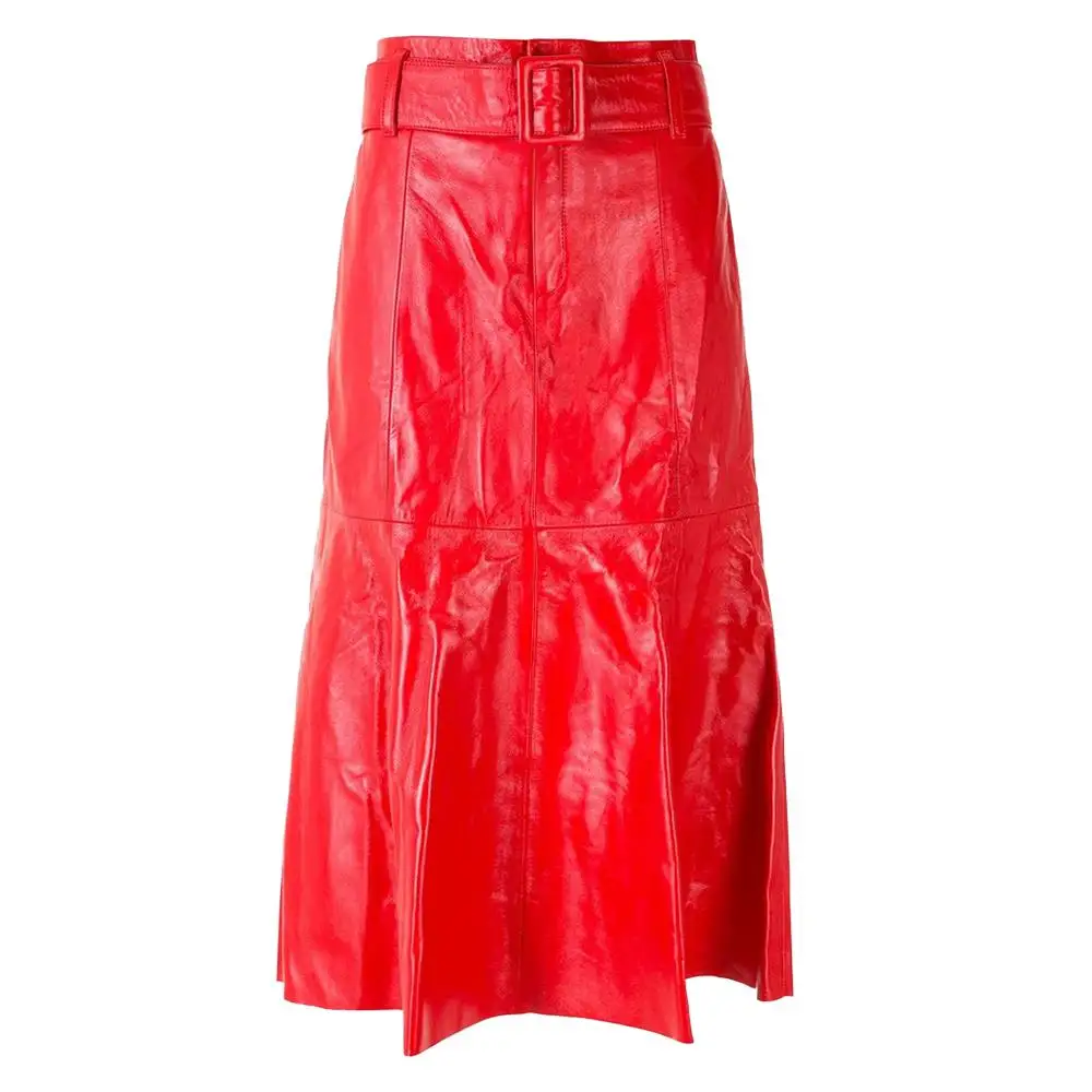Women High Waist Belted Red Genuine Leather Skirt