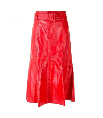 Women Belted Red Genuine Leather Skirt