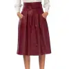 High Waist Cherri Brown Mid Calf Genuine Leather Belted Skirt