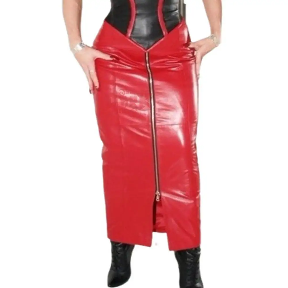 Sexy Women Front Zip Red Long Genuine Leather Skirt 