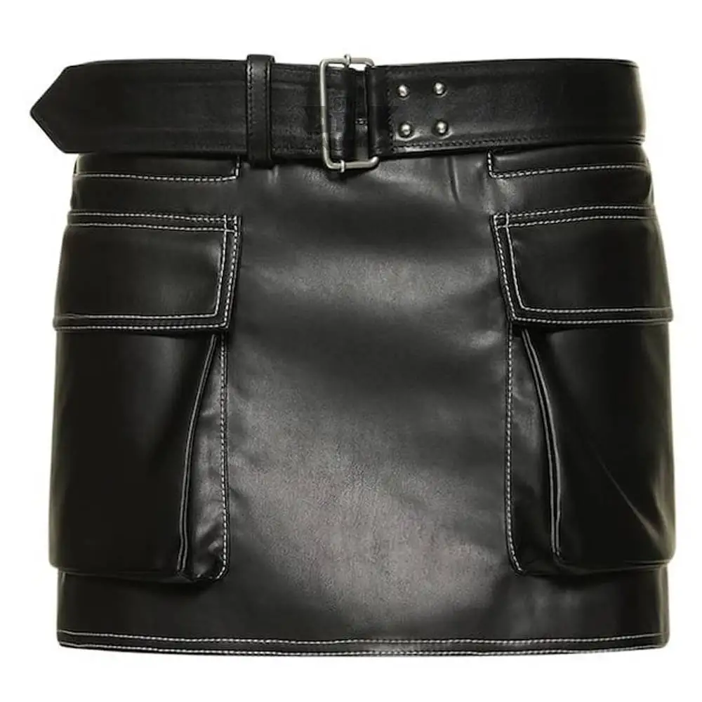 Sexy Chic Black Mini Genuine Leather Skirt | Cargo Pockets Leather Shorts