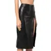 Slit High Waist Genuine Black Leather Mid Skirt
