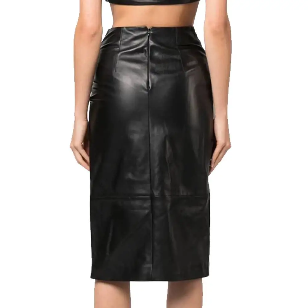 Slit High Waist Genuine Black Leather Mid Skirt