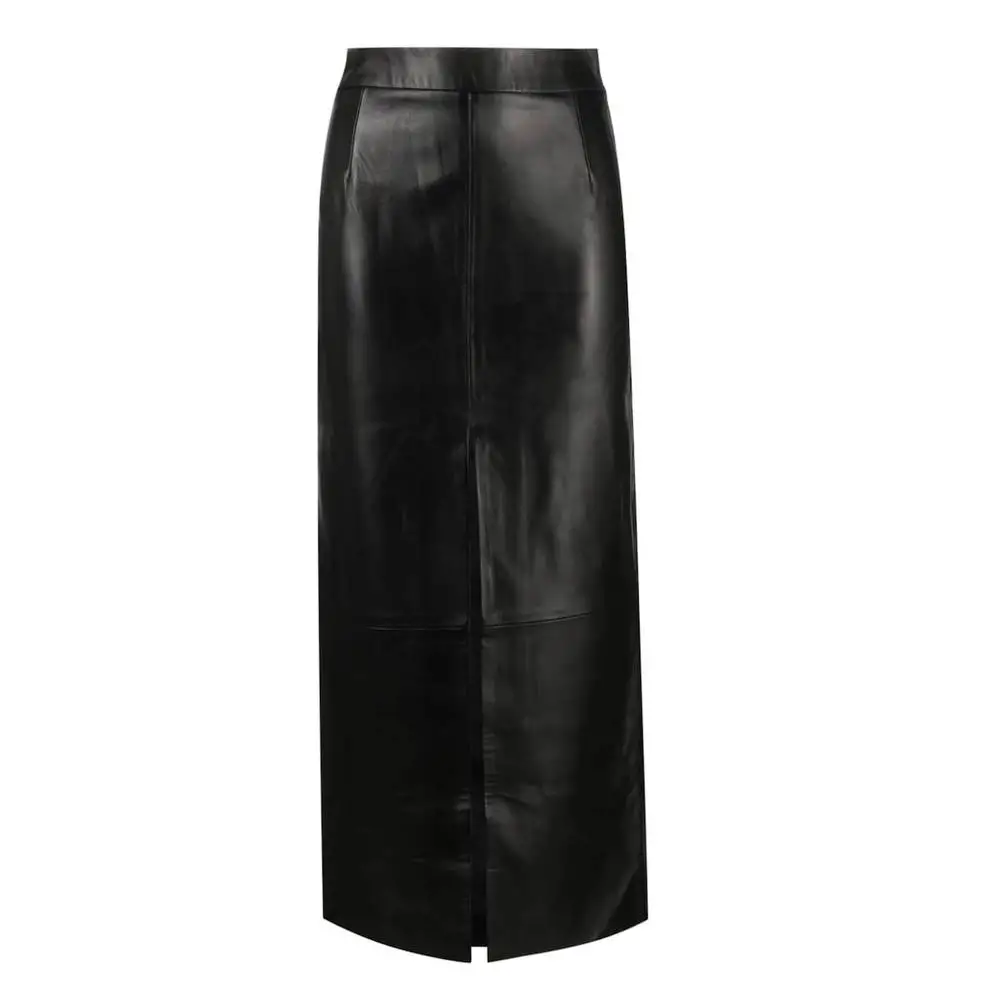 Women High Waist Genuine Black Leather Long Skirt
