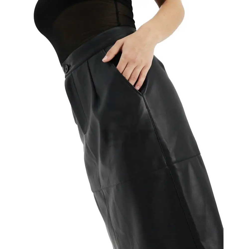 Womens High Waist Long Genuine Black Leather Skirt | Plus Size Full Length Skirt