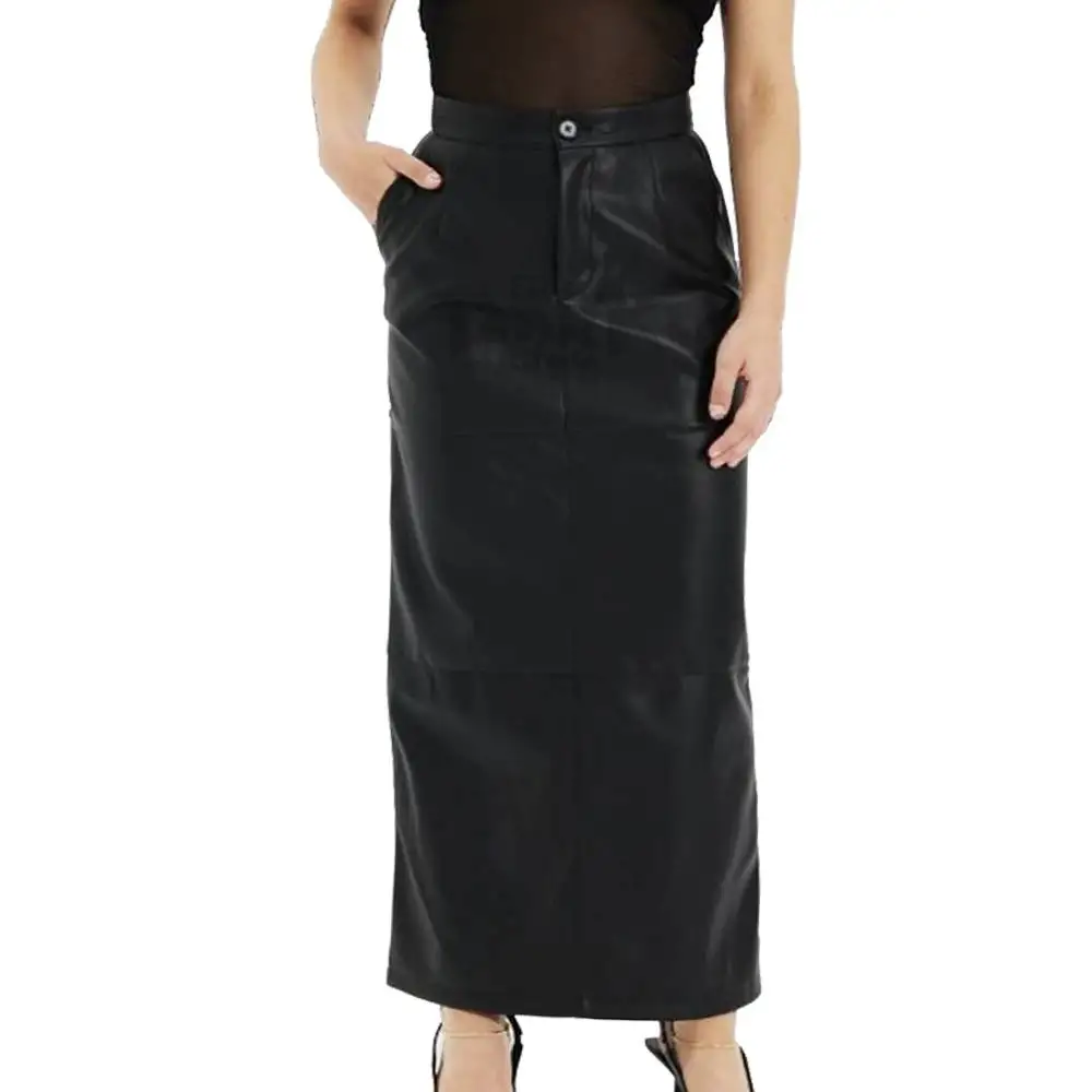 Womens High Waist Long Genuine Black Leather Skirt | Plus Size Full Length Skirt